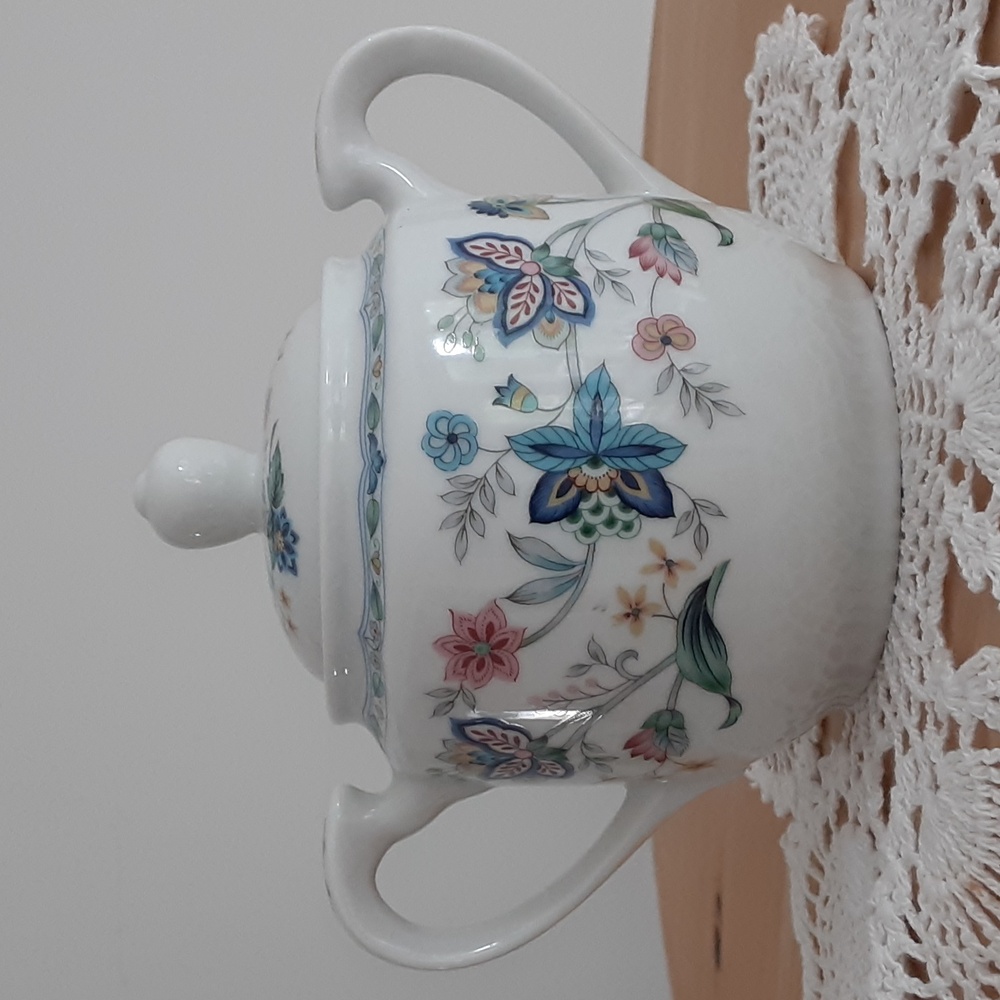 Andrea by Sadek Japan Pink Blue Floral Lidded Sugar Bowl w/ Handles